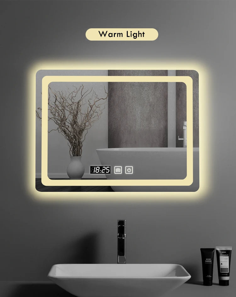 50X70cm Rectangular Smart Demist Bathroom Mirror 3 Color Adjustable LED Multifunction LIght With Brightness Sensory Switch