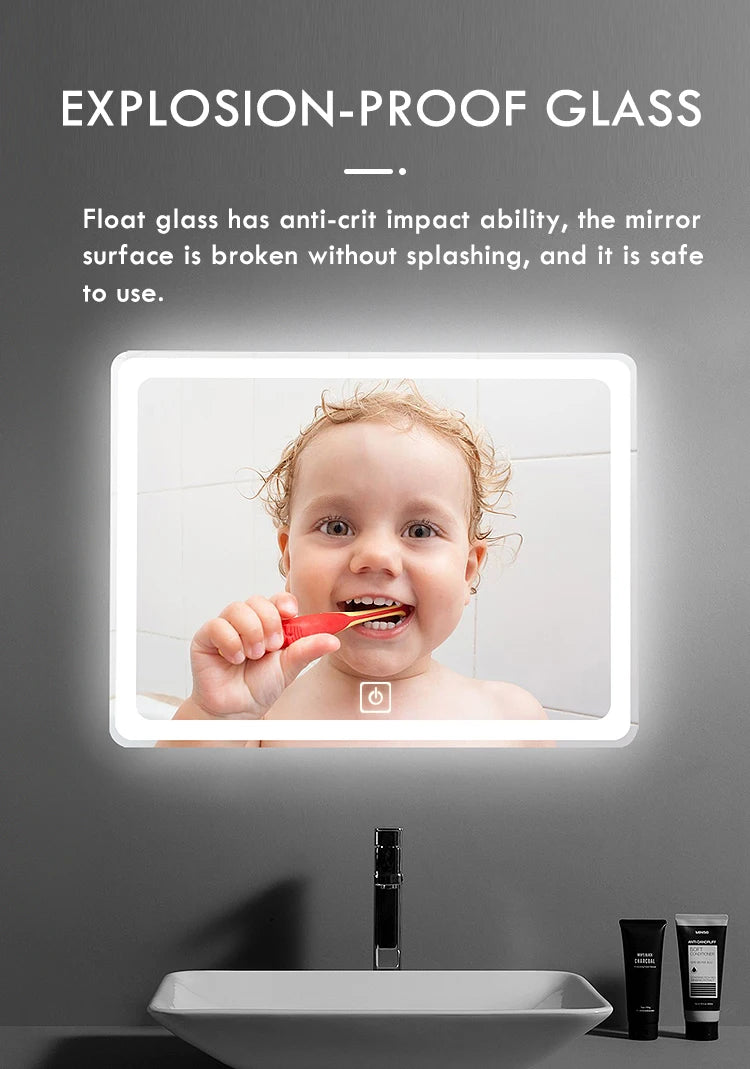 50X70cm Rectangular Smart Demist Bathroom Mirror 3 Color Adjustable LED Multifunction LIght With Brightness Sensory Switch