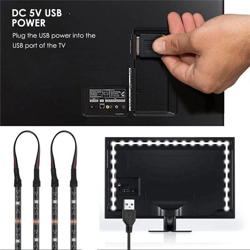 TV Backlight USB 5V Power 4 x 50cm / 2 x 50cm 2 x 100cm RGB Flexible LED Strip light 2m 3m White / Black PCB Background LED Tape