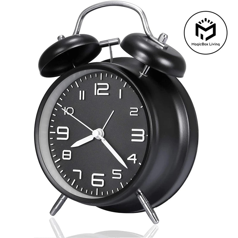 4 Inch Twin Bell Loud Desk Clock Metal Frame 3D Dial with Backlight Battery Operate Desk Table Alarm Clock For Home and Office