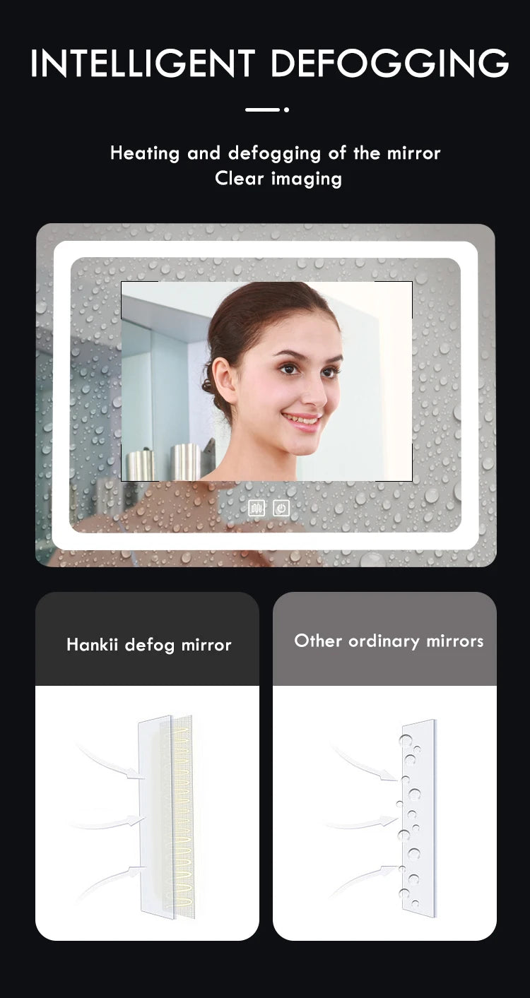 50X70cm Rectangular Smart Demist Bathroom Mirror 3 Color Adjustable LED Multifunction LIght With Brightness Sensory Switch