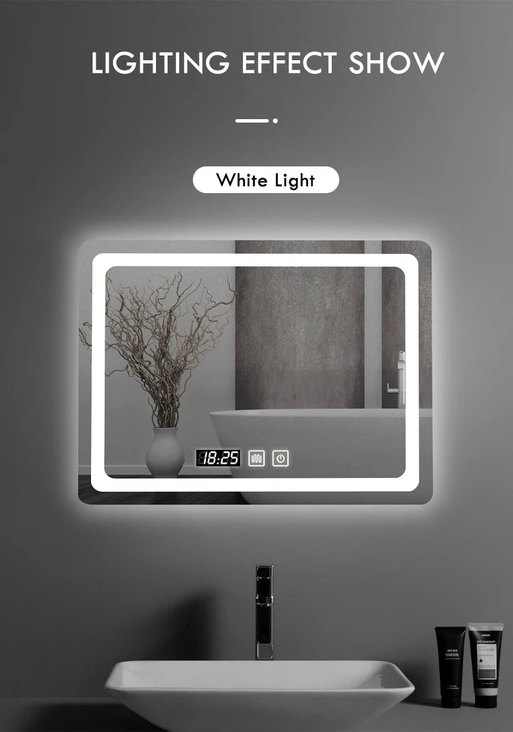 50X70cm Rectangular Smart Demist Bathroom Mirror 3 Color Adjustable LED Multifunction LIght With Brightness Sensory Switch