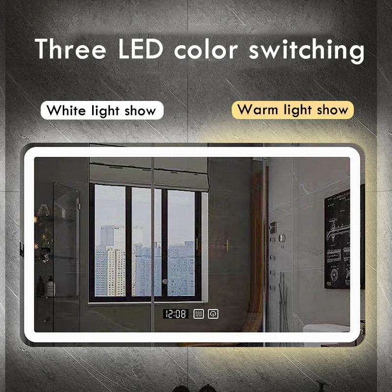 50X70cm Rectangular Smart Demist Bathroom Mirror 3 Color Adjustable LED Multifunction LIght With Brightness Sensory Switch