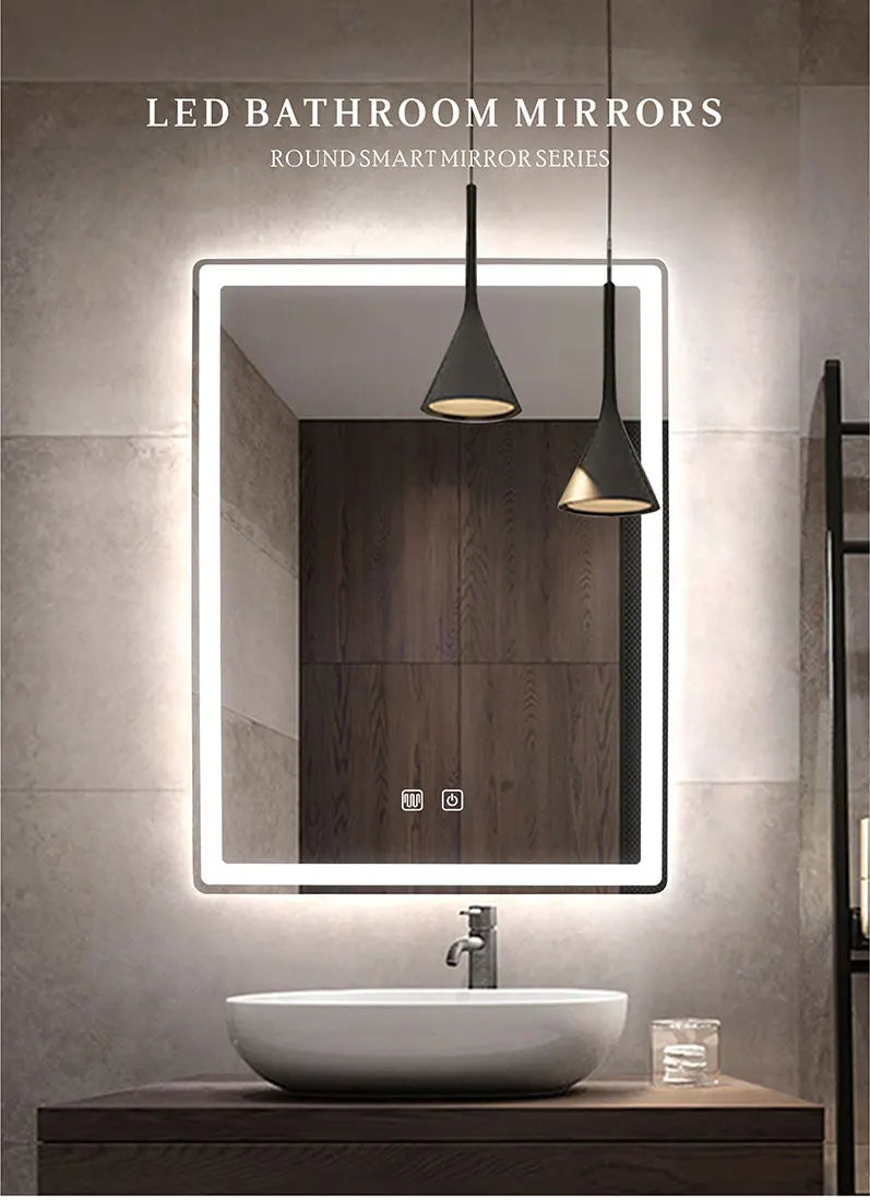 Rectangular Smart Beauty Makeup Bathroom Mirror With 3 Color Light Defogging Touch Button Vantiy Wall Hanging Bathroom Mirrors