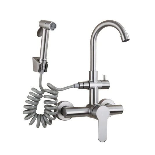 Kitchen Faucet Stainless Steel Double Hole Hot and Cold Mixing Tap Wall Mount Balcony Laundry Swivel Tap With Spray Gun