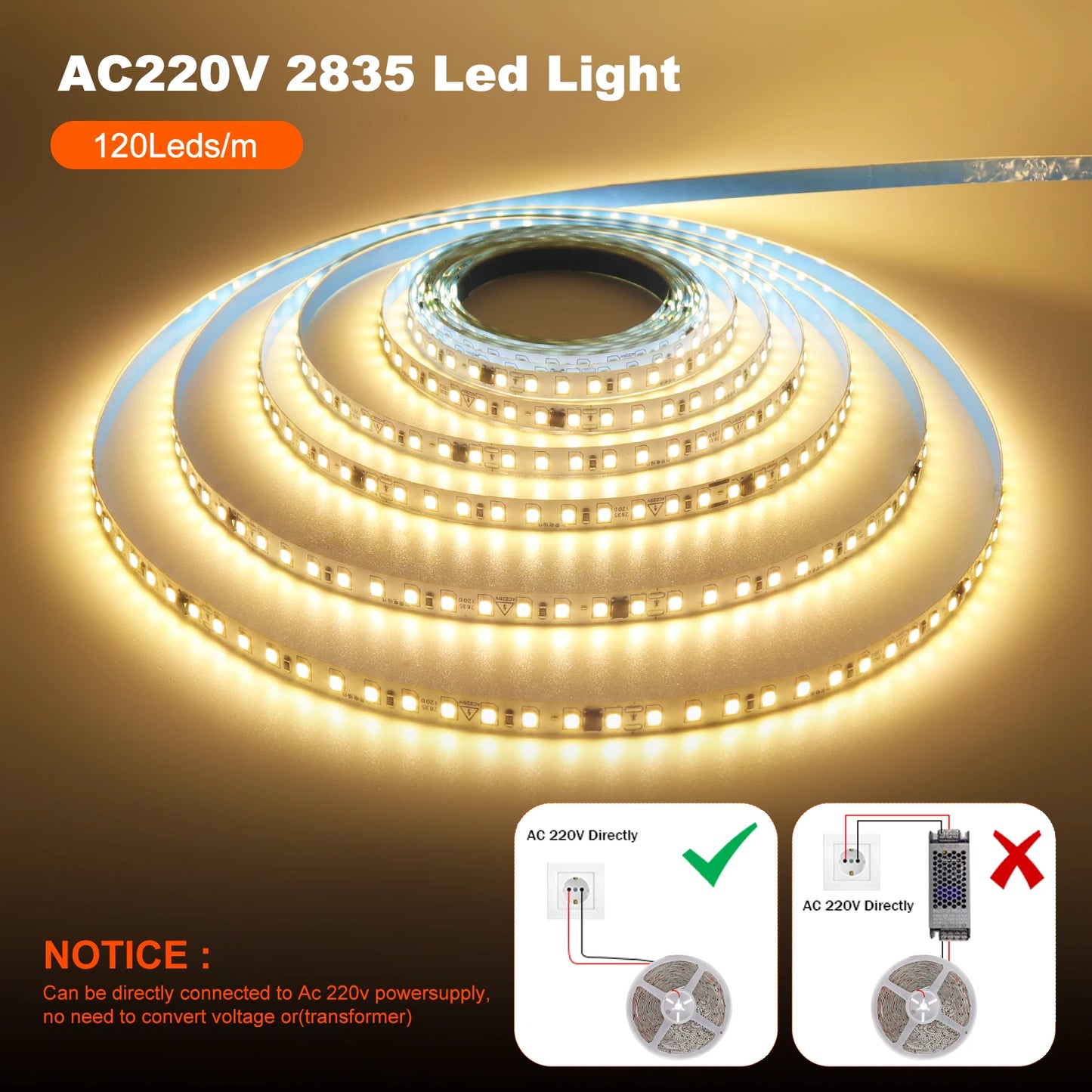 10M 20M 50M/Roll AC 220V 240V LED Strip NO Need Driver IP44 3000K 4000K 6000K 2835 120Leds/M Flexible Ribbon Rope Tape Light