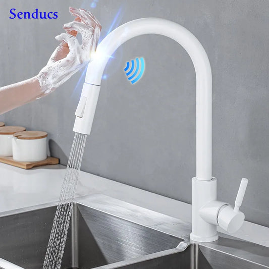 White Sensor Pull Down Kitchen Faucets Hot and Cold Touch Stainless Steel Kitchen Faucets Mixer Home Sensor Touch Kitchen Taps