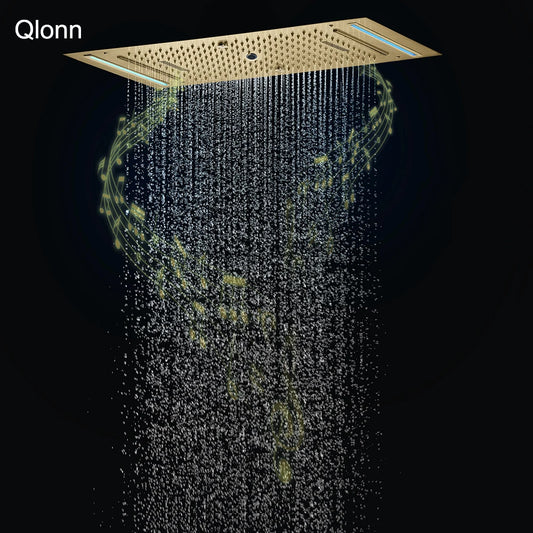 Qlonn 638*338mm Gold Shower Head Bathroom Embeded Ceiling Rainfall 3 Functions Black Showerheads Smart Massage Spa Shower Panel