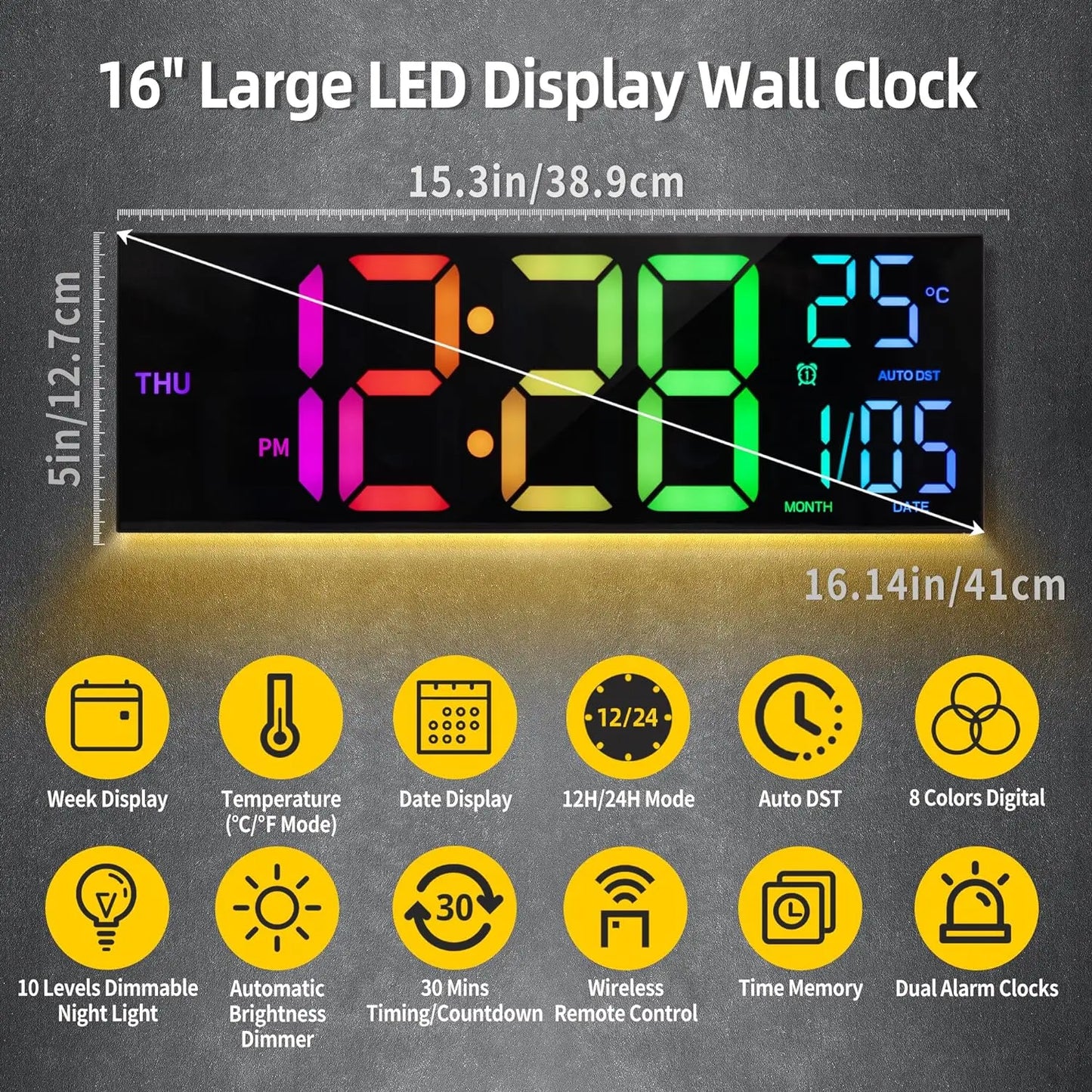 8 Colors Digital Wall Clock 16.2" Large Digital Clock with Temperature Date Auto DST Night Light Auto Brightness Dimmer