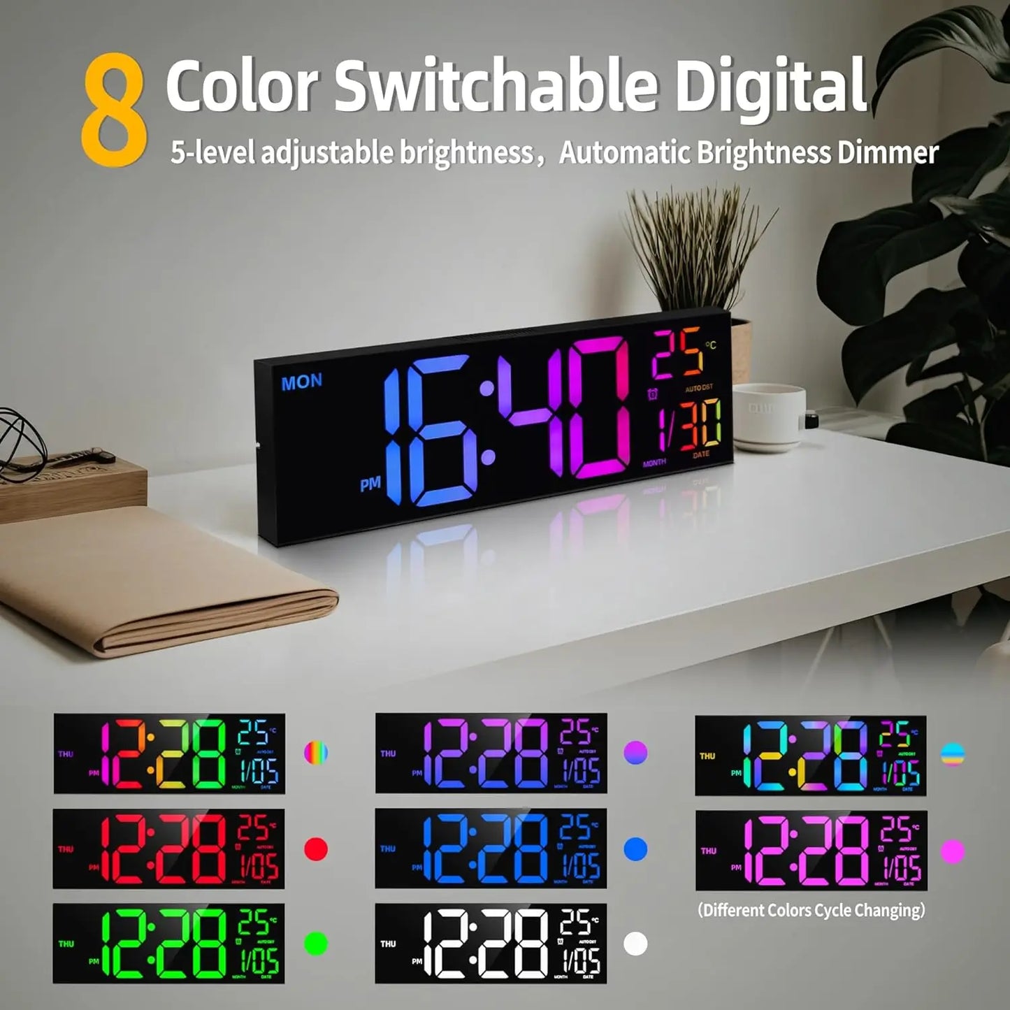 8 Colors Digital Wall Clock 16.2" Large Digital Clock with Temperature Date Auto DST Night Light Auto Brightness Dimmer