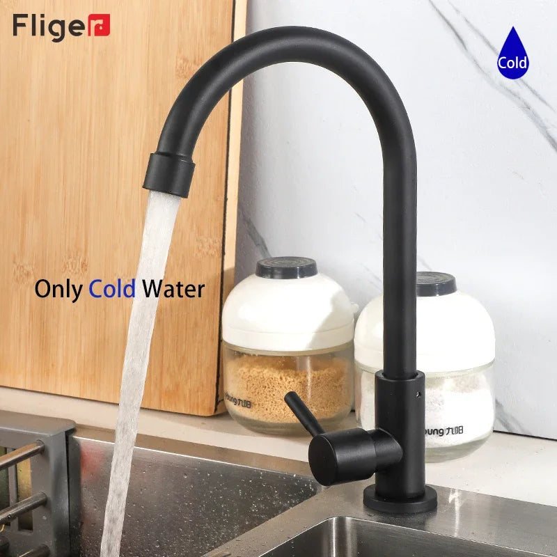 Fliger Brushed Kitchen Faucet Only Cold Water Sink Faucet Stainless Steel Single Handle Water Tap Deck Mounted Torneiras No Pipe