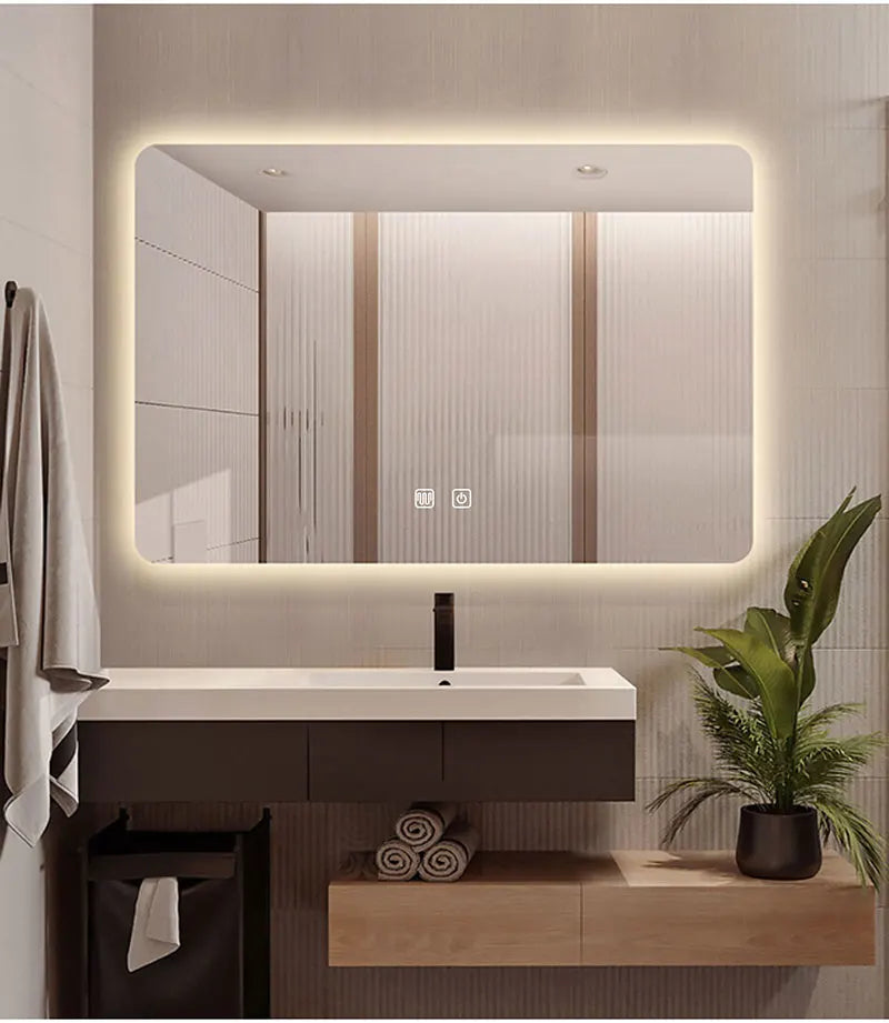 Smart Rectangular Makeup Bathroom Mirror High Quality Refection Three Color LED Vanity Mirror With Anti-fog Brightness Dimmer