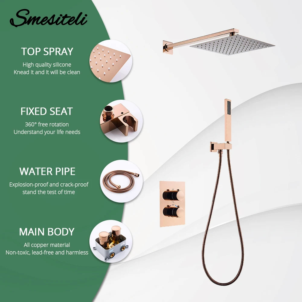 8-16 Inch Thermostatic Shower Faucet 2 Mode Control Hot & Cold Rose Gold Shower Mixer Square Shower System Wall Mounted System