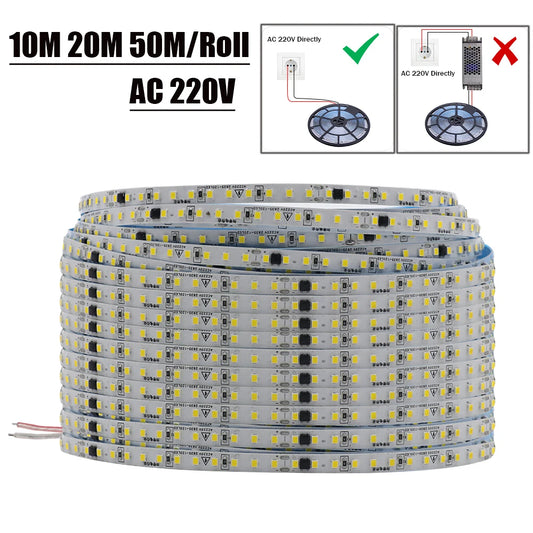 10M 20M 50M/Roll AC 220V 240V LED Strip NO Need Driver IP44 3000K 4000K 6000K 2835 120Leds/M Flexible Ribbon Rope Tape Light