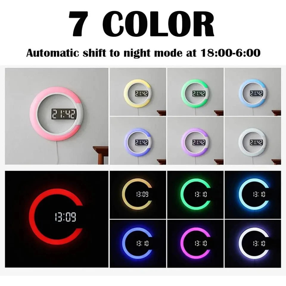 Digital 3D Alarm Wall Clocks, LED Mirror Clock, 7 Color Light Choose, High Quality