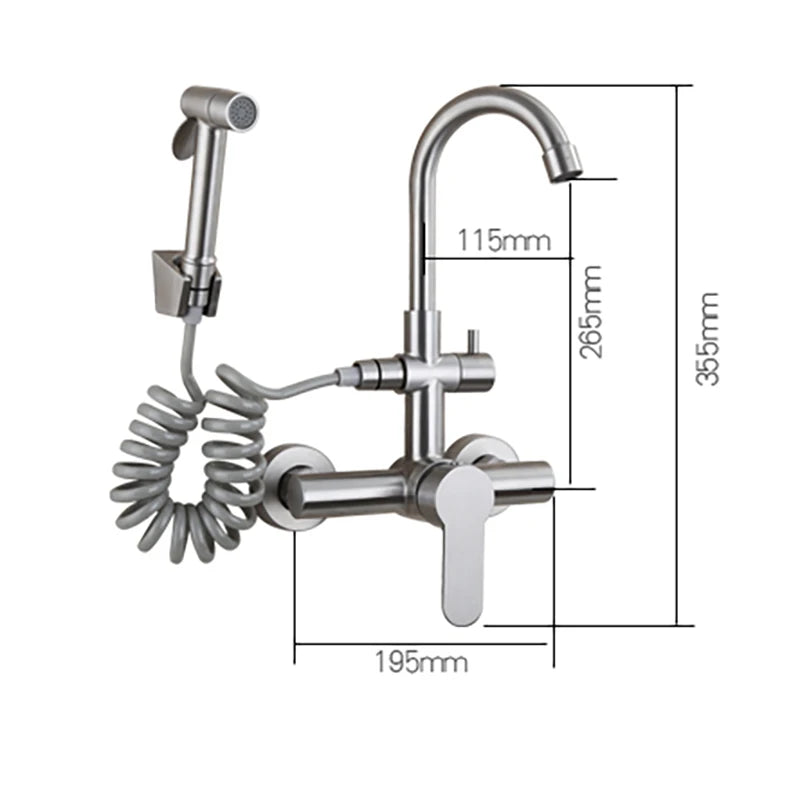 Kitchen Faucet Stainless Steel Double Hole Hot and Cold Mixing Tap Wall Mount Balcony Laundry Swivel Tap With Spray Gun