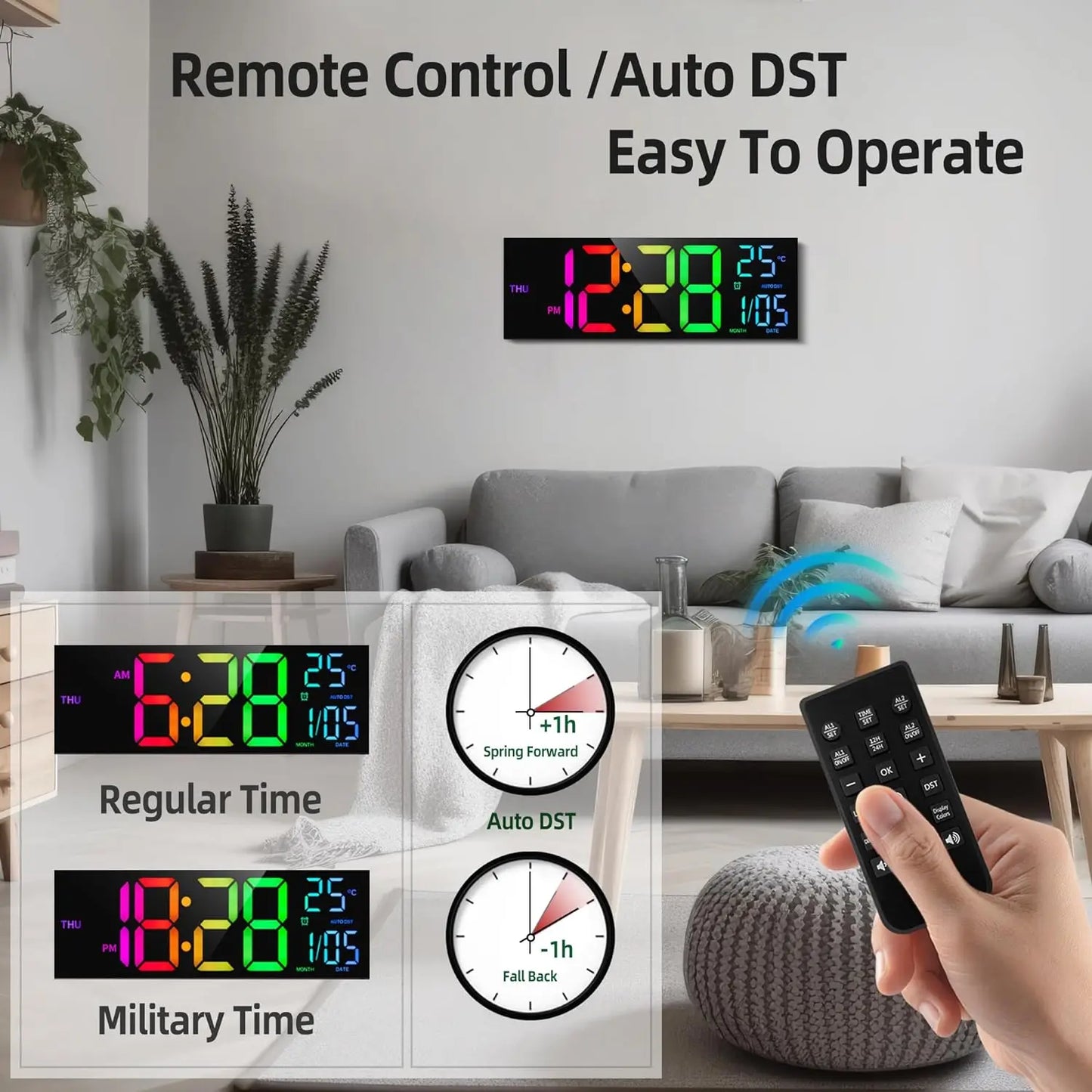 8 Colors Digital Wall Clock 16.2" Large Digital Clock with Temperature Date Auto DST Night Light Auto Brightness Dimmer