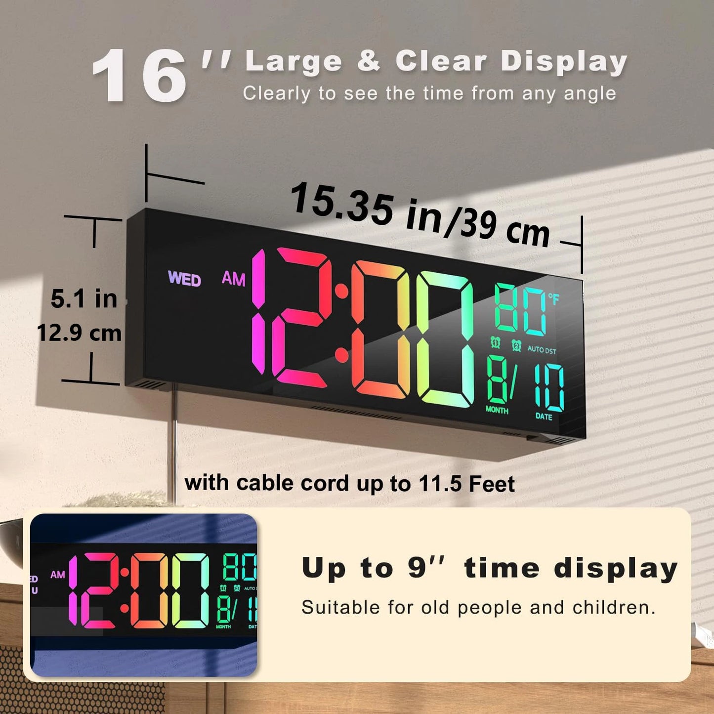 16inch/39cm Large Digital Wall Clock with Remote Control Dual Alarm with Big LED Screen Dispaly 8 RGB Colors Electronic Auto DST