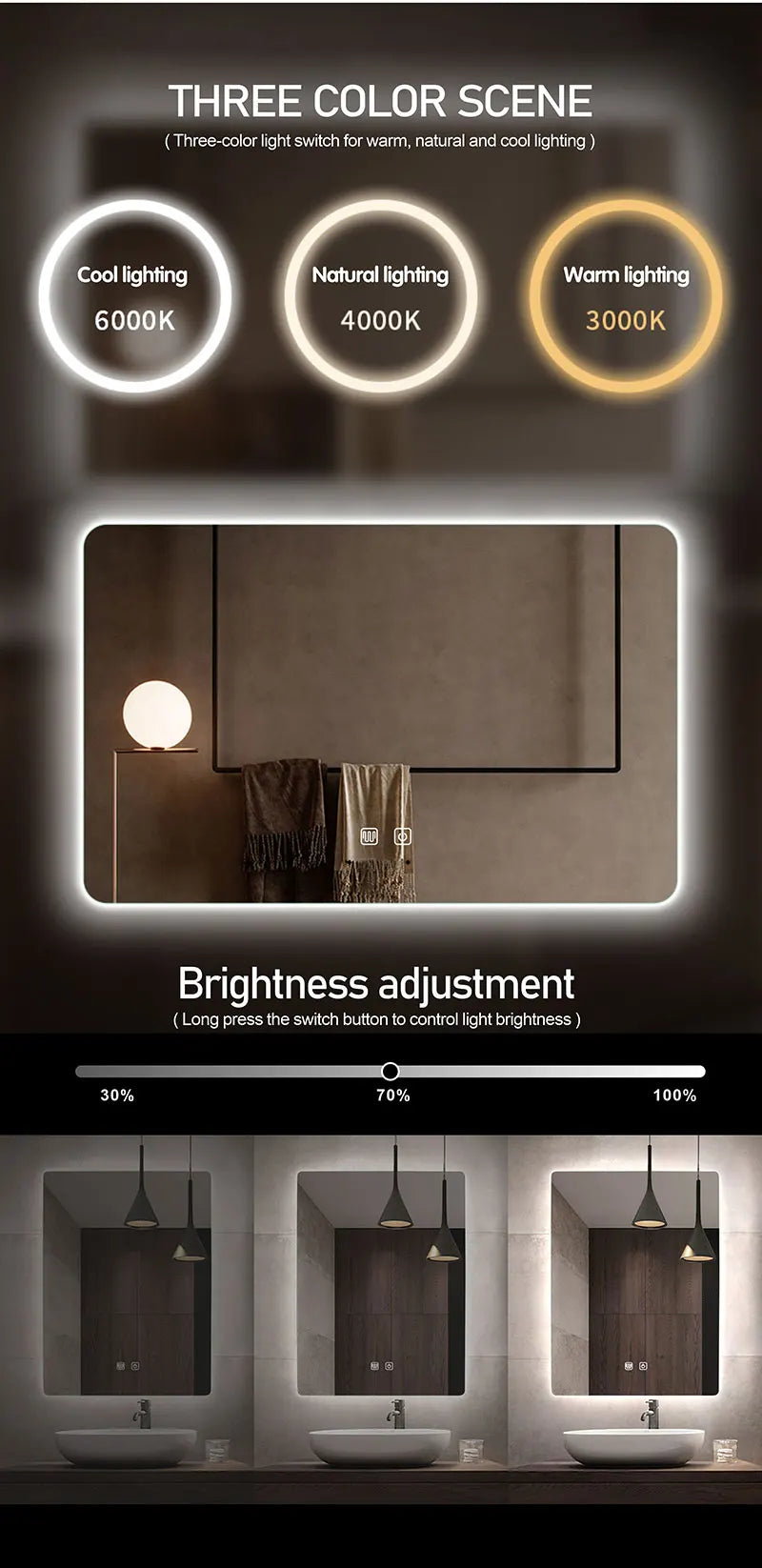 Smart Rectangular Makeup Bathroom Mirror High Quality Refection Three Color LED Vanity Mirror With Anti-fog Brightness Dimmer