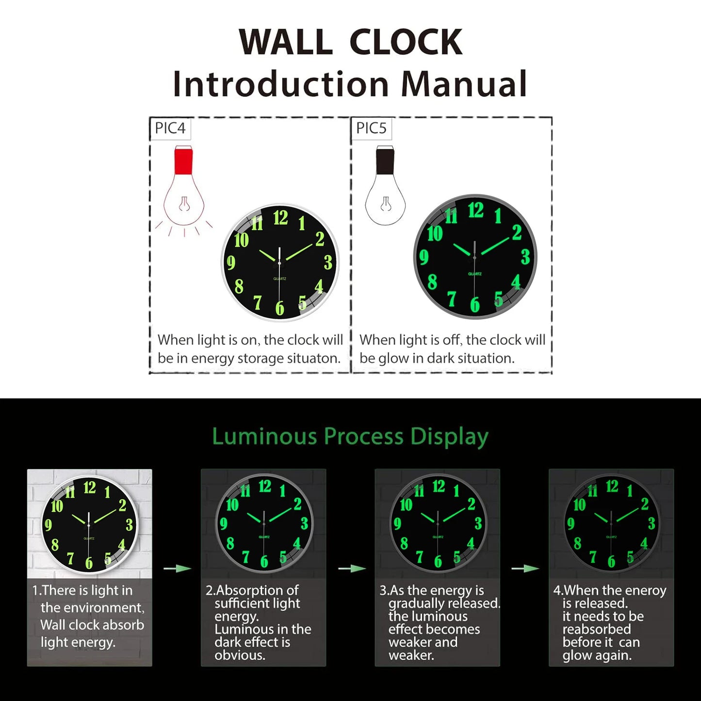 1pc glow-in-the-dark wall clock, silent clock that is quiet and does not tick, glow-in-the-dark clock, powered by a quartz batte