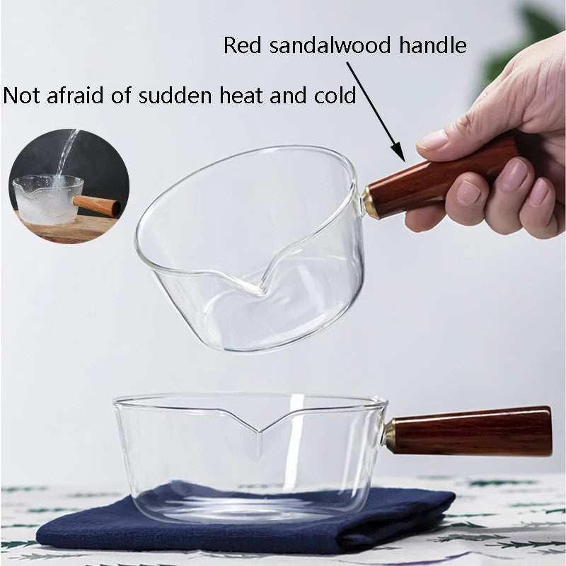 450/650ml Red Wooden Handle Glass Milk Pot With Lid Gas Stove Non Stick Coffee Soup Pot Saucepan Kitchen pot