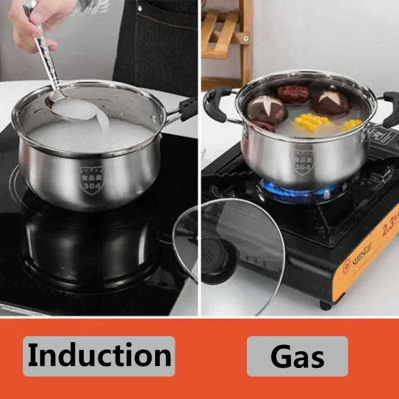 Kitchen 304 Stainless Steel Stewpan Saucepan Milk Pan Soup Cookware Non-stick Frying Pan With Glass Cover Lid Cooking Pots