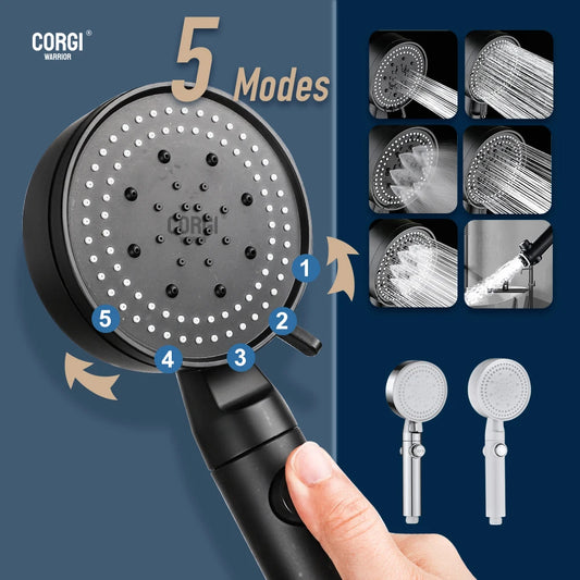 Shower Head with Handheld High Pressure 5 Spray Mode Showerhead Adjustable Multiple ON OFF Switch for Pets Bath Bracket Hose