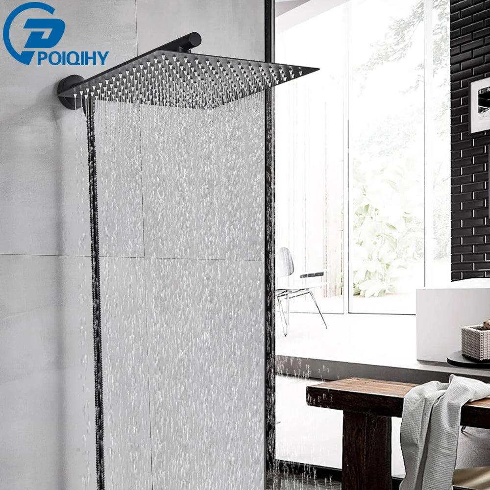 Black Rainfall Shower Head Stainless Steel Bathroom Showerhead Wall Mounted Brass Shower Arm 150cm Shower Hose Ultrathin Head