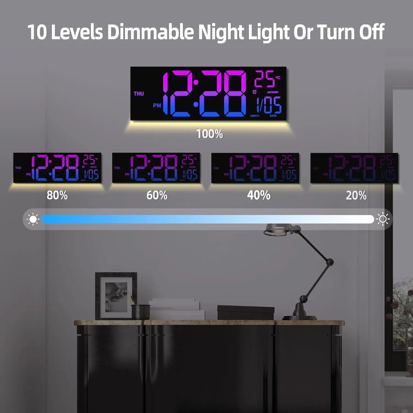 8 Colors Digital Wall Clock 16.2" Large Digital Clock with Temperature Date Auto DST Night Light Auto Brightness Dimmer