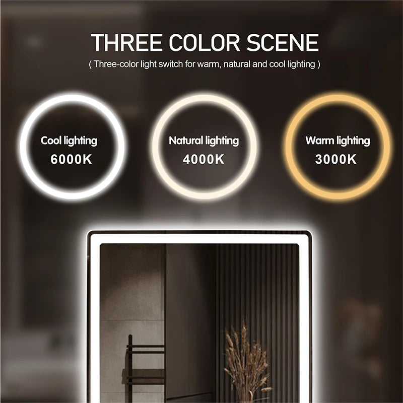 Rectangular Smart Beauty Makeup Bathroom Mirror With 3 Color Light Defogging Touch Button Vantiy Wall Hanging Bathroom Mirrors