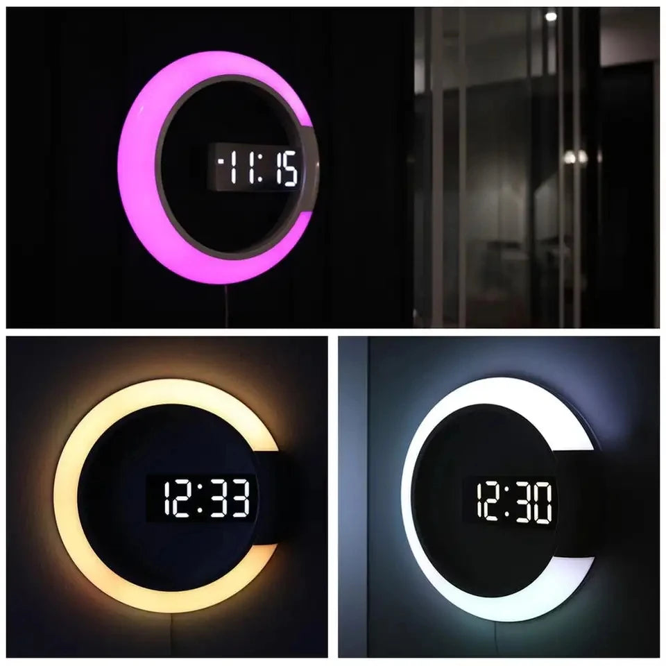 Digital 3D Alarm Wall Clocks, LED Mirror Clock, 7 Color Light Choose, High Quality