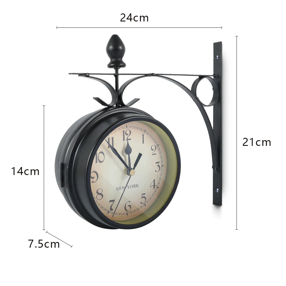 Wall Clock Retro Double-Sided Station Clock Battery Operated Silent Clock with Wall Mounting Kit Home Office Antique Wall Clock