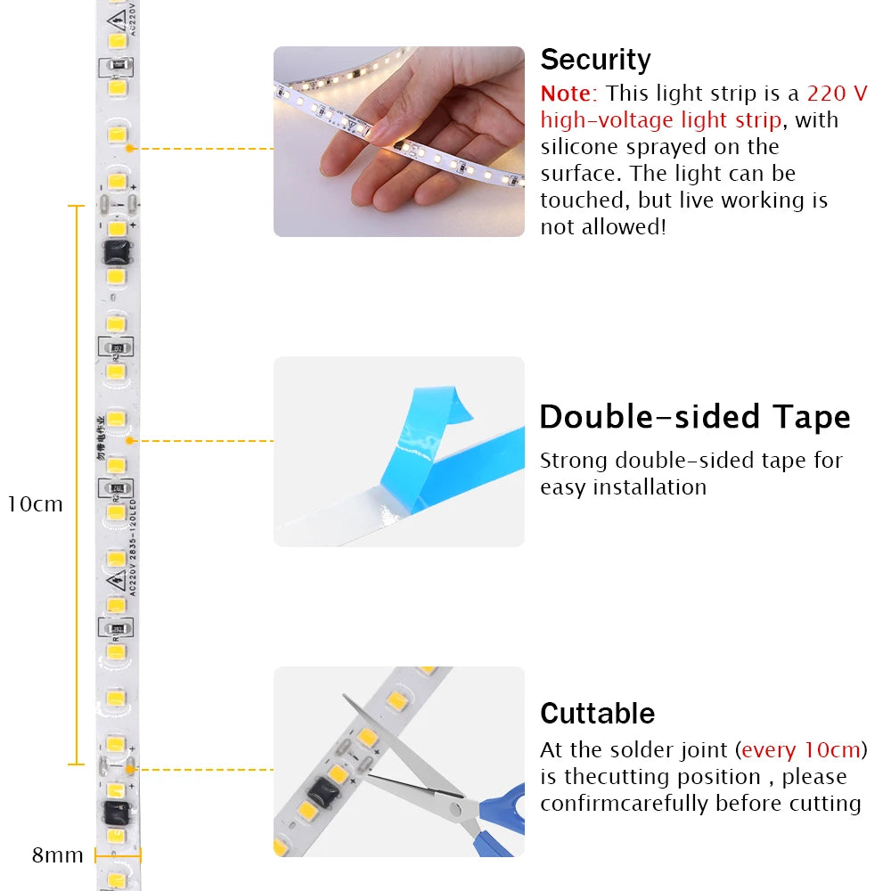 10M 20M 50M/Roll AC 220V 240V LED Strip NO Need Driver IP44 3000K 4000K 6000K 2835 120Leds/M Flexible Ribbon Rope Tape Light