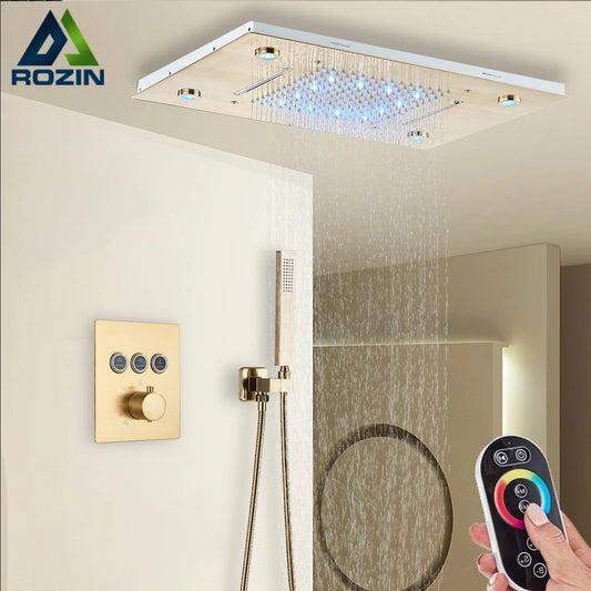 Thermostatic Shower Faucet Bathroom Ceiling Mounted LED Rainfall 3 Ways Shower System Mixer Tap,Concealed Head & Hand Shower