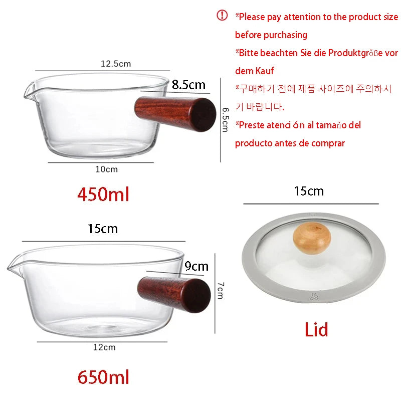 450/650ml Red Wooden Handle Glass Milk Pot With Lid Gas Stove Non Stick Coffee Soup Pot Saucepan Kitchen pot