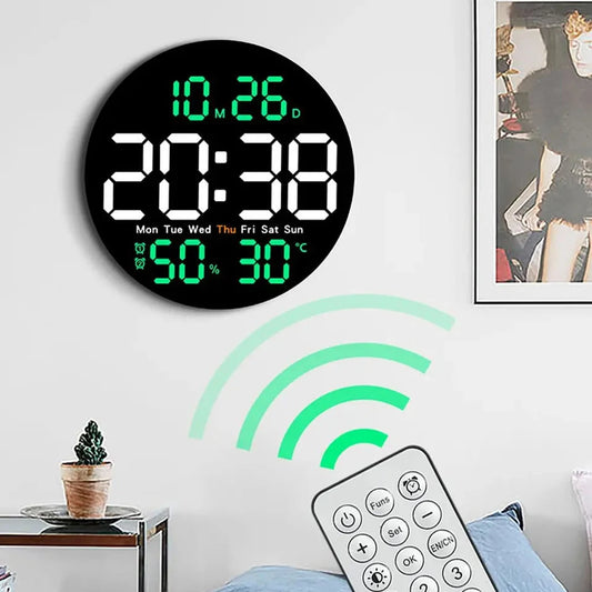 Remote Control LED Wall Clock with Dual Alarms,Calendar and Temperature Display for Home Decoration.Brightness Adjustable