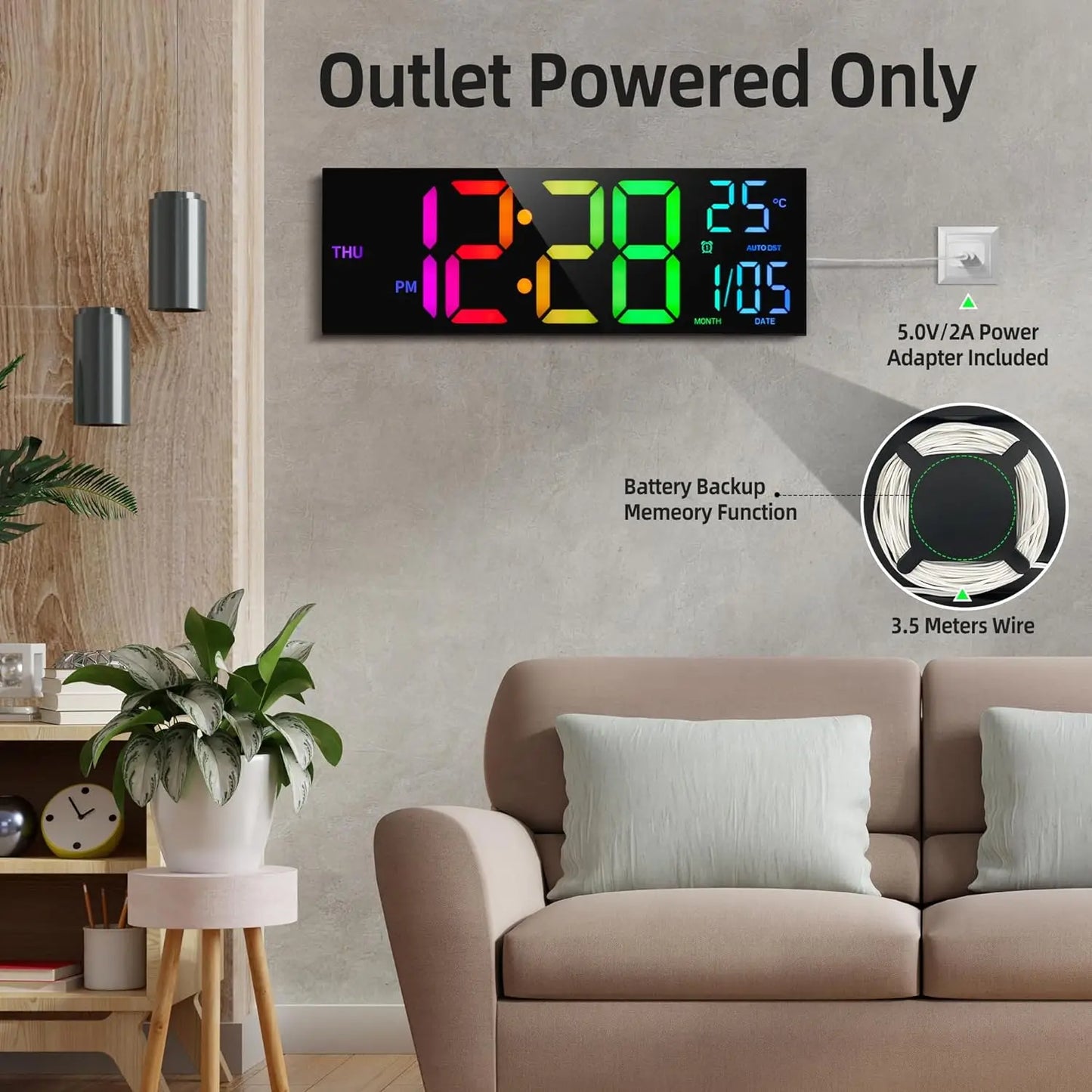 8 Colors Digital Wall Clock 16.2" Large Digital Clock with Temperature Date Auto DST Night Light Auto Brightness Dimmer