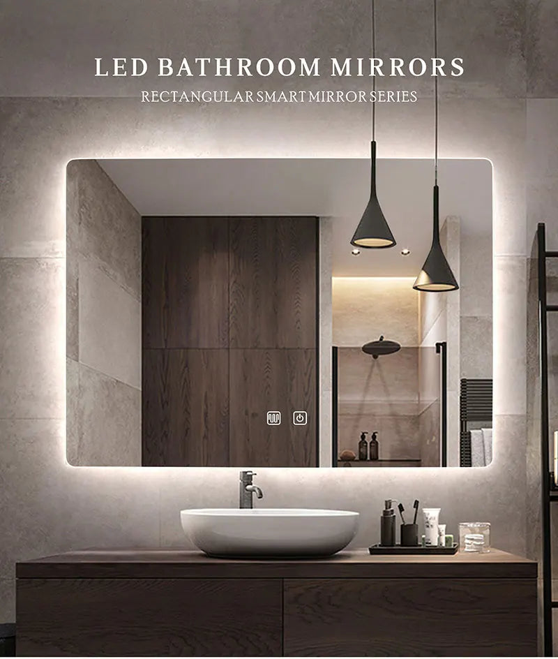 Smart Rectangular Makeup Bathroom Mirror High Quality Refection Three Color LED Vanity Mirror With Anti-fog Brightness Dimmer