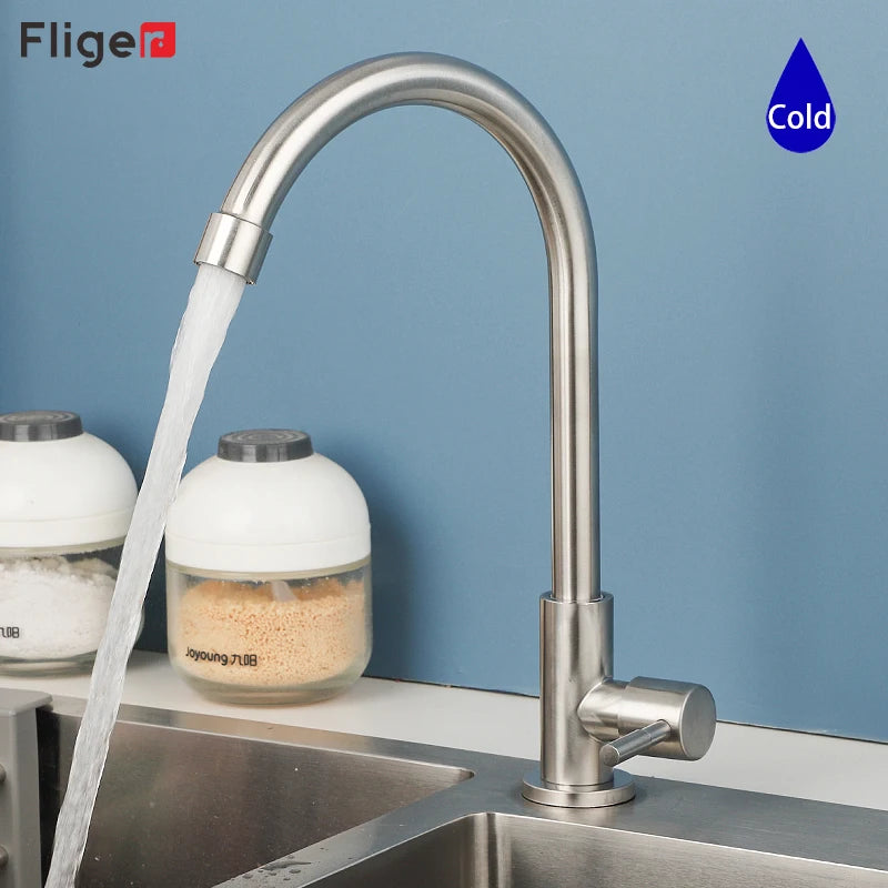 Fliger Brushed Kitchen Faucet Only Cold Water Sink Faucet Stainless Steel Single Handle Water Tap Deck Mounted Torneiras No Pipe