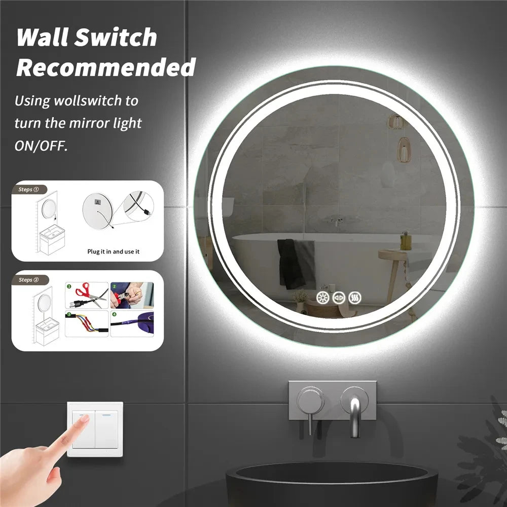 LED Bathroom Mirror Vanity Round  Dimmable,Anti-Fog Circle Wall Mounted Mirror,Makeup Mirror with Lights YX303