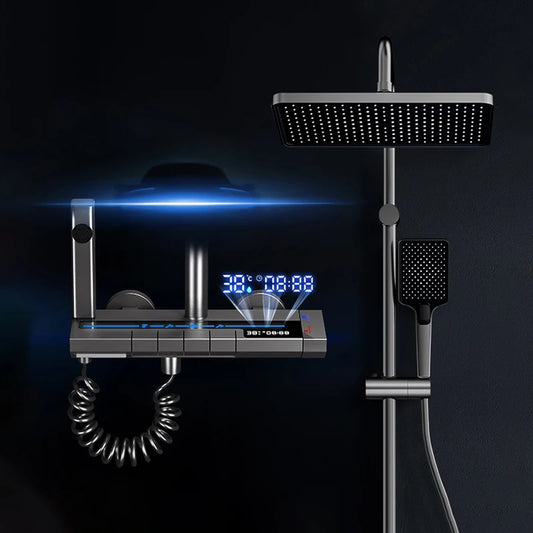 Grey Piano Button Ambient Light Bathroom Shower Full Set Digital Display Shower System Sets Rain Faucets