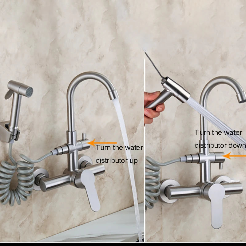 Kitchen Faucet Stainless Steel Double Hole Hot and Cold Mixing Tap Wall Mount Balcony Laundry Swivel Tap With Spray Gun