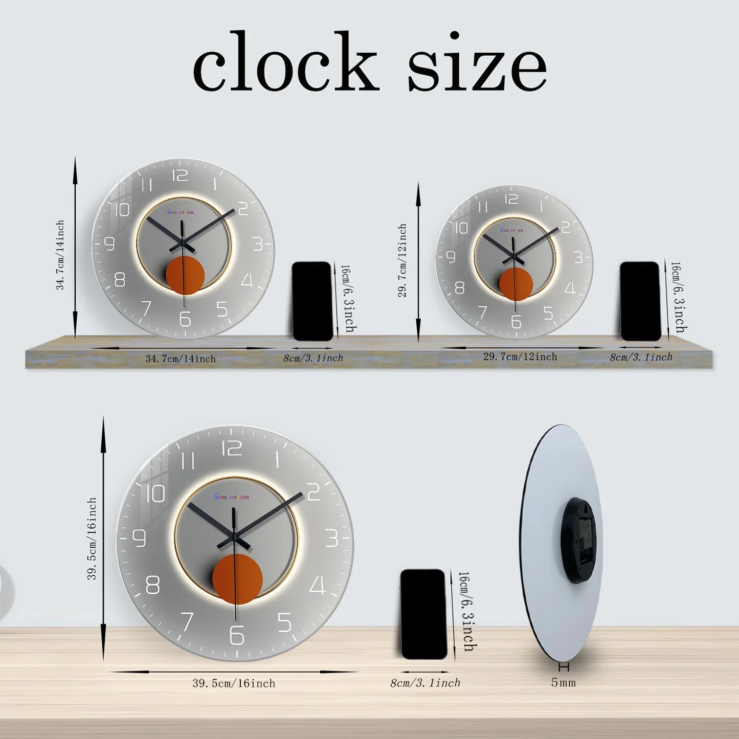 Light Luxury Grey Flat Light Shadow Pattern Tempered Glass Wall Clock Living Room Bedroom Kitchen Home Decor Wall Clock Silent Quartz Clock Holiday Gift 12inch 14inch 16inch (No Battery)